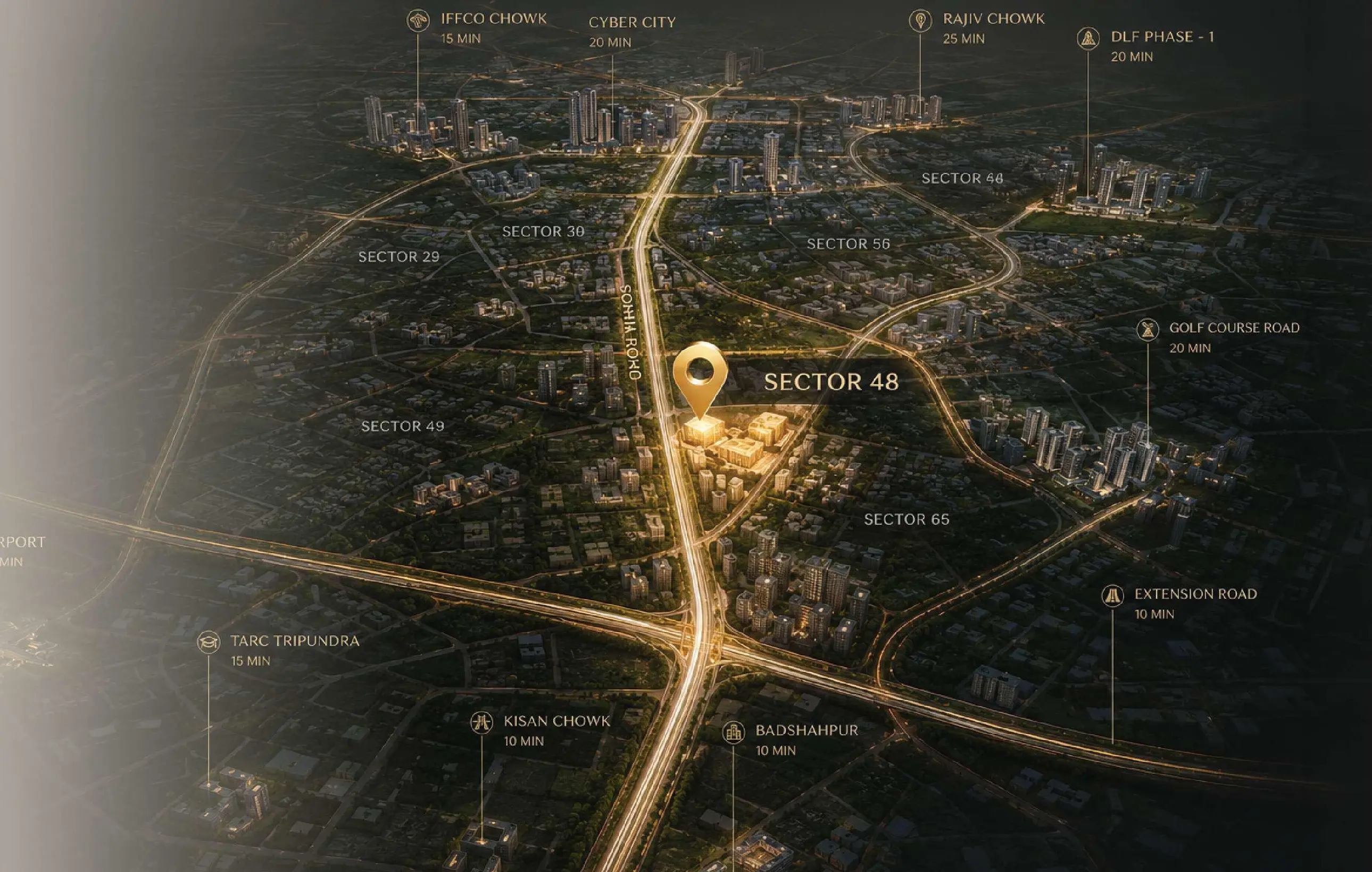 Aura Vantaje location map showing distances to key Gurugram landmarks